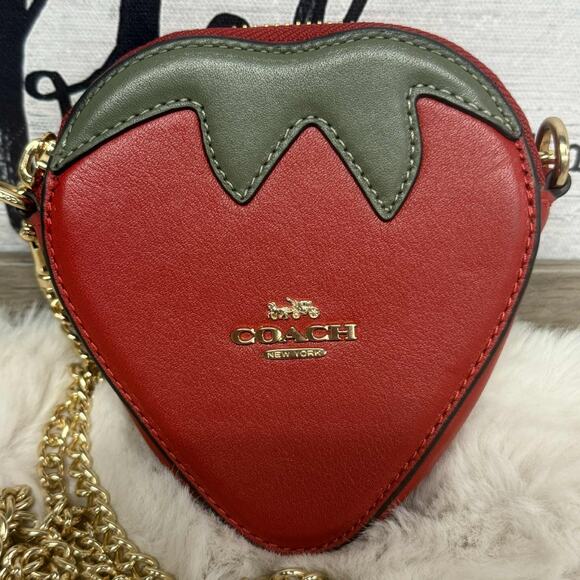 COACH Leather Strawberry Coin Case w/ Crossbody Chain Strap Creed # C1182 - Picture 2 of 9